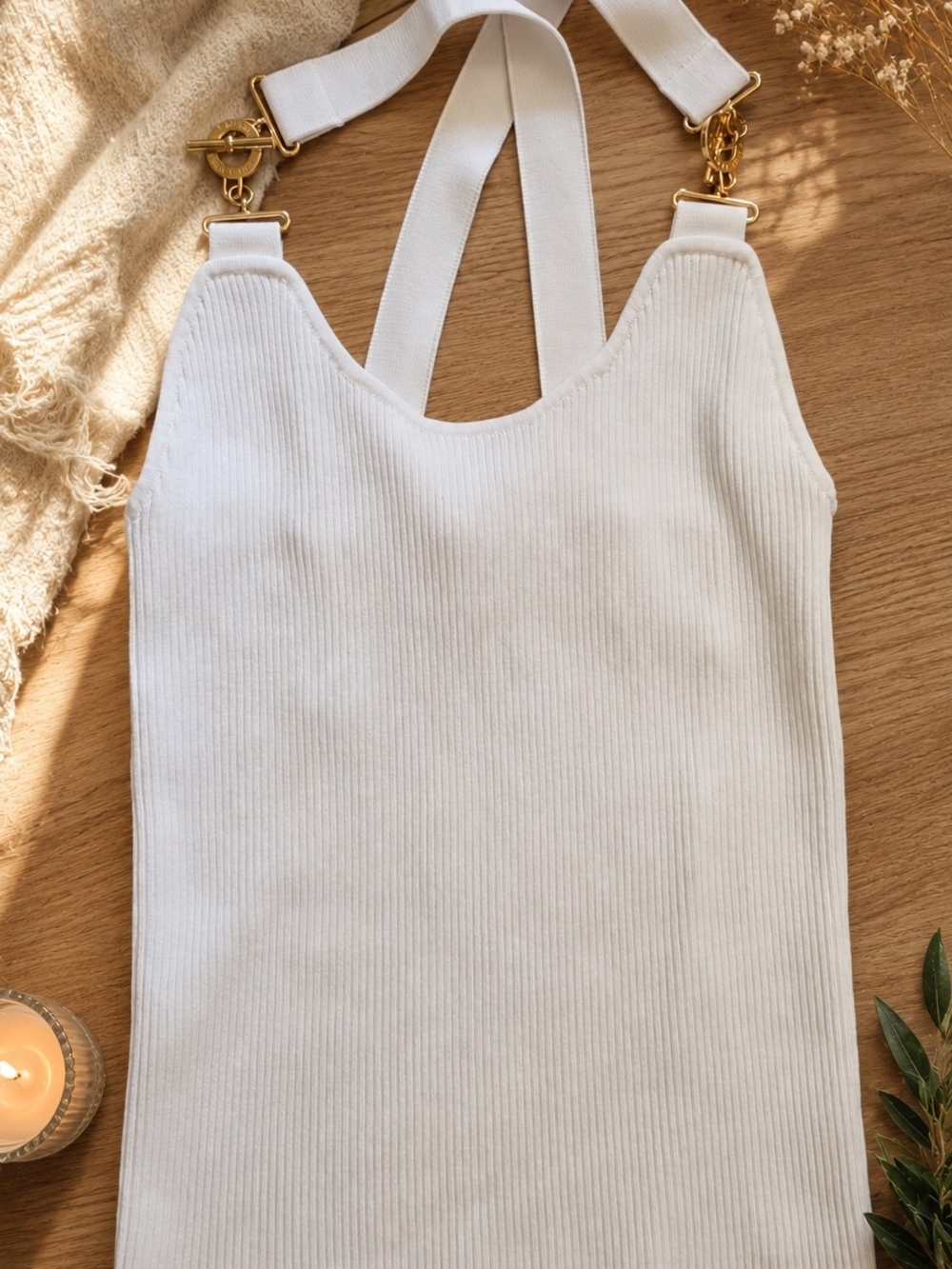 Ralph Lauren White Ribbed Crossback Tank with Gold Hardware